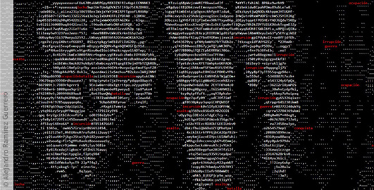 Reihen aus weißen Computerzeichen ziehen sich über schwarzen Hintergrund und formen Gebilde, zwischendrin sind einzelne Worte in rot